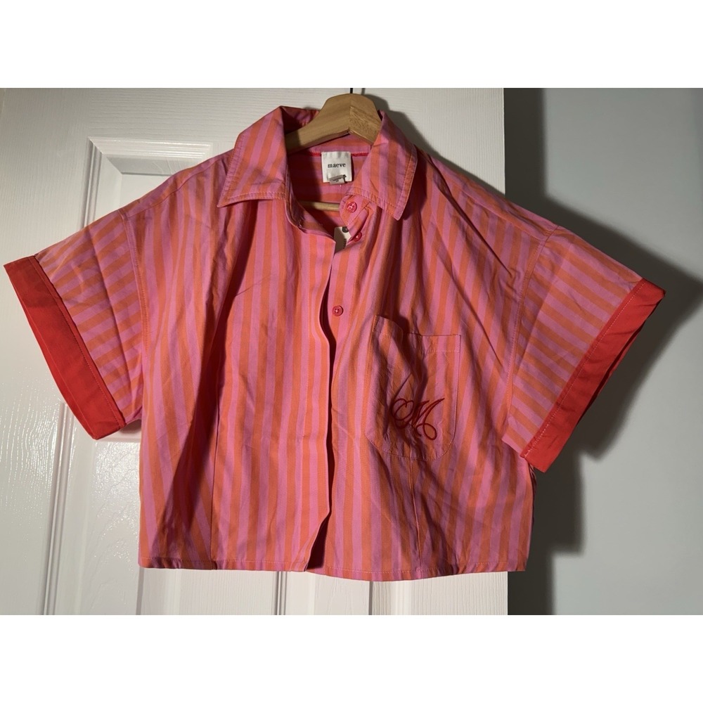 Anthropologie Maeve Monogram Cropped Shirt Sz S Crest Striped Button Up PJ Top - Picture 5 of 12